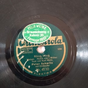 Δισκος 78 στροφων SHELLAC 78rpm ORCHESTROLA KLING KLING / RHENMANDMADEL PETER SCHMITZ 25cms